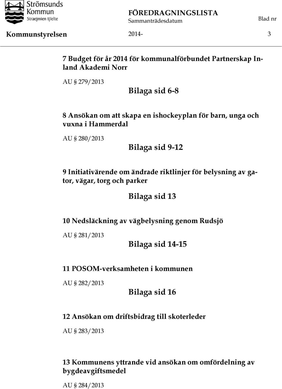 belysning av gator, vägar, torg och parker Bilaga sid 13 10 Nedsläckning av vägbelysning genom Rudsjö AU 281/2013 Bilaga sid 14-15 11 POSOM-verksamheten i