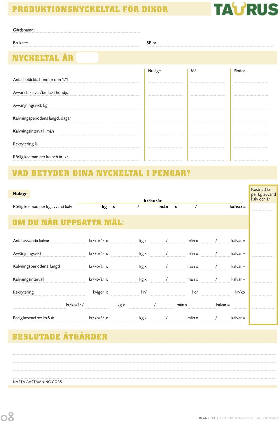 Nuläge Rörlig kostnad per kg avvand kalv kr/ko/år / mån x / kalvar = Kostnad kr per kg avvand kalv och år OM DU NÅR UPPSATTA MÅL: Antal avvanda kalvar / mån x / kalvar = Avvänjningsvikt / mån x /