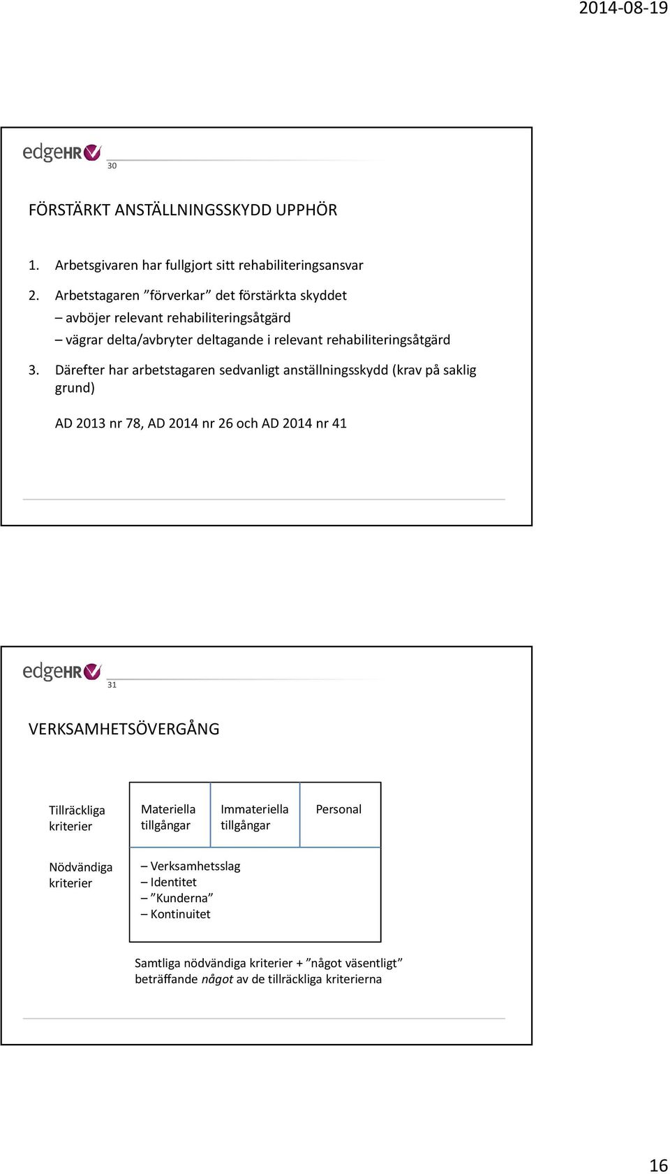 Därefter har arbetstagaren sedvanligt anställningsskydd (krav på saklig grund) AD 2013 nr 78, AD 2014 nr 26 och AD 2014 nr 41 31 VERKSAMHETSÖVERGÅNG Tillräckliga