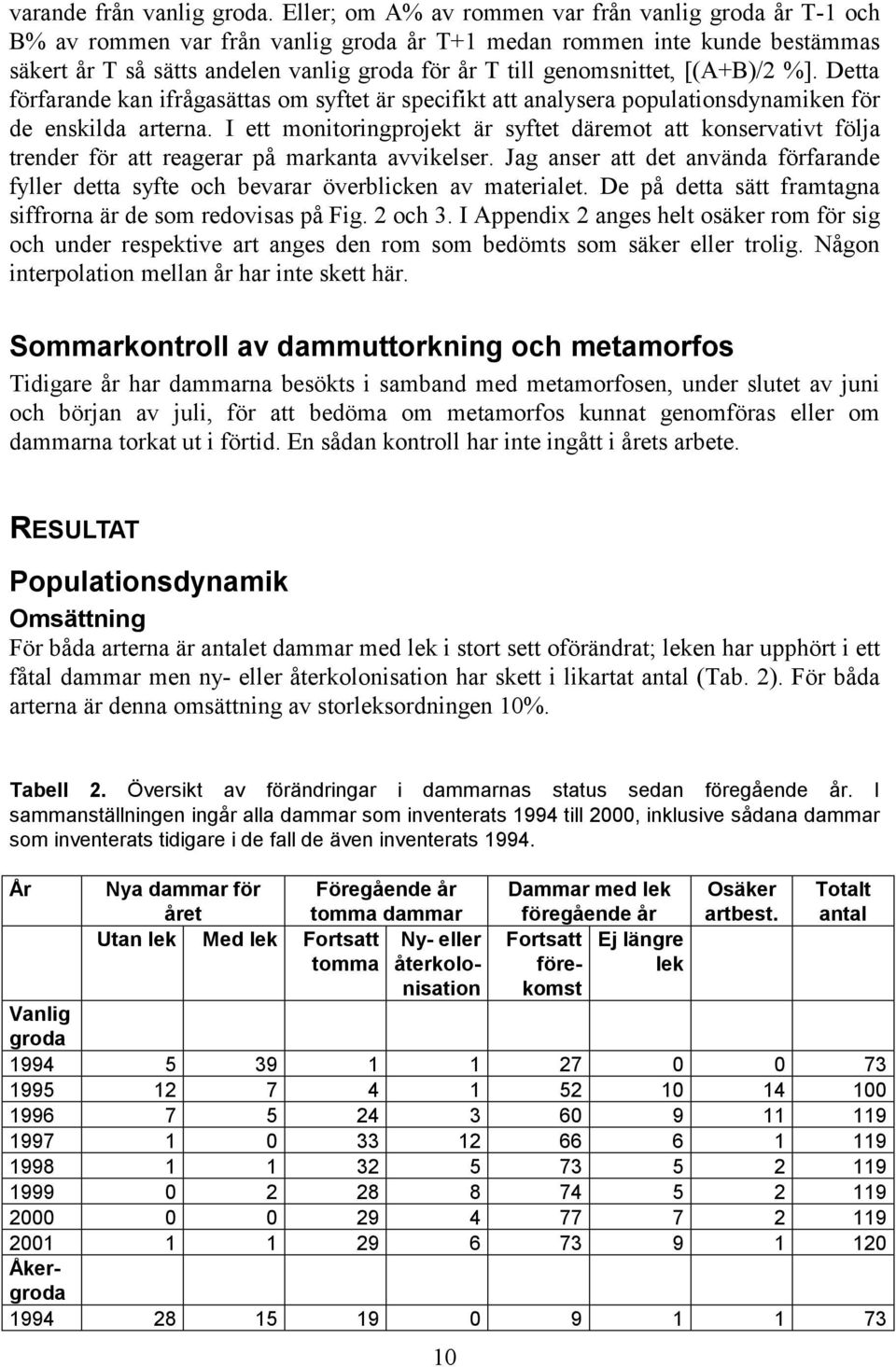 genomsnittet, [(A+B)/2 %]. Detta förfarande kan ifrågasättas om syftet är specifikt att analysera populationsdynamiken för de enskilda arterna.