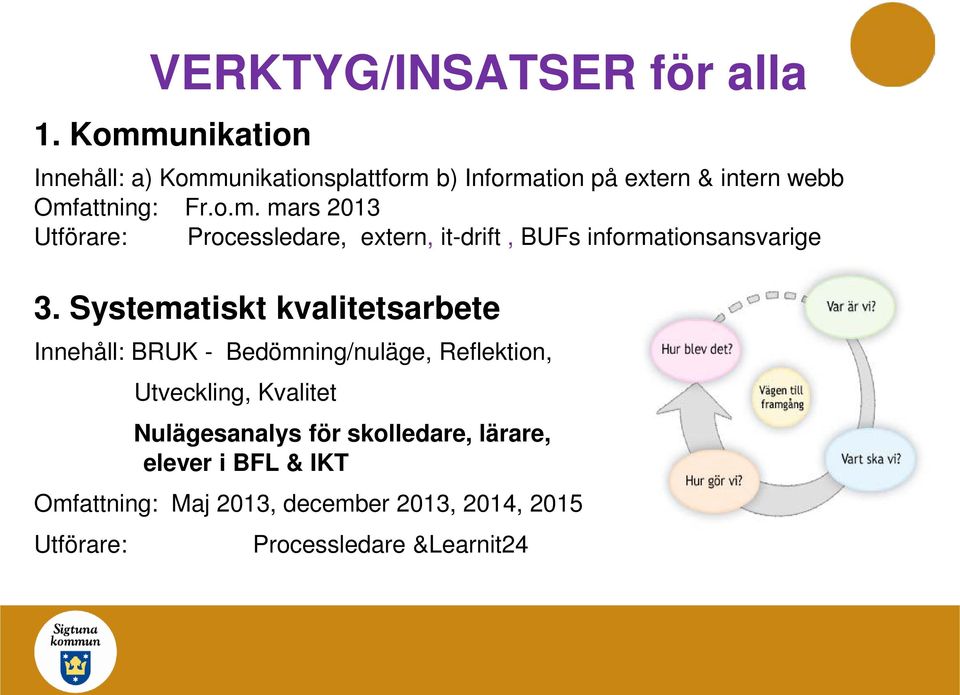 Systematiskt kvalitetsarbete Innehåll: BRUK - Bedömning/nuläge, Reflektion, Utveckling, Kvalitet Nulägesanalys för