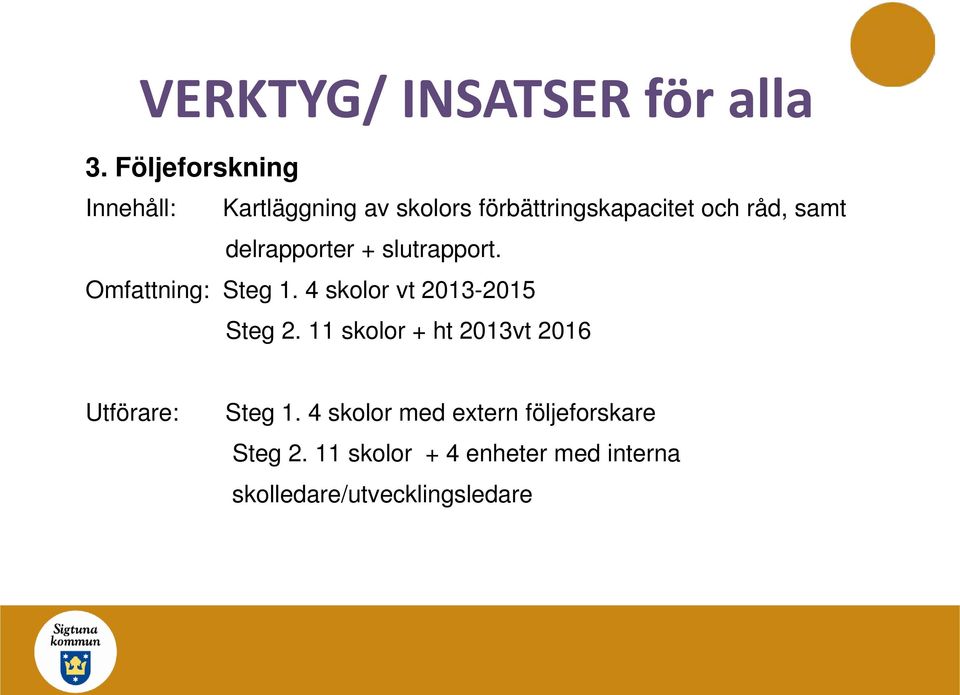 delrapporter + slutrapport. Omfattning: Steg 1. 4 skolor vt 2013-2015 Steg 2.