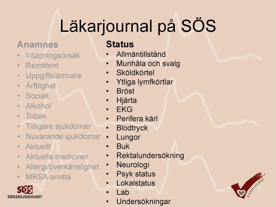 Munhåla och svalg Sköldkörtel Ytliga lymfkörtlar Bröst Hjärta EKG Perifera kärl