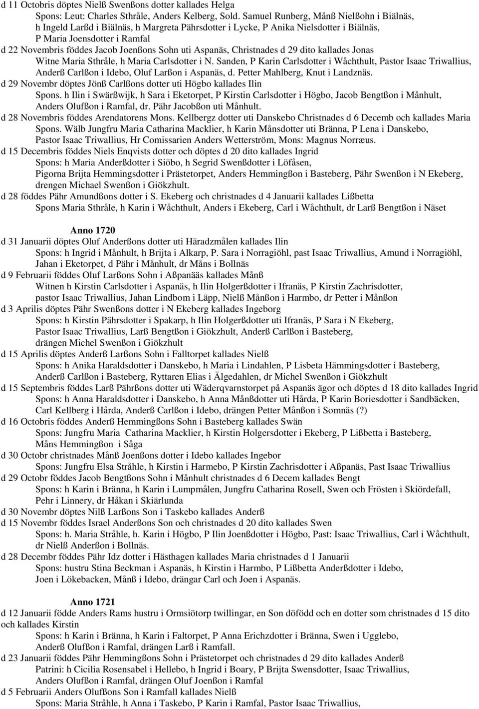 Sohn uti Aspanäs, Christnades d 29 dito kallades Jonas Witne Maria Sthråle, h Maria Carlsdotter i N.