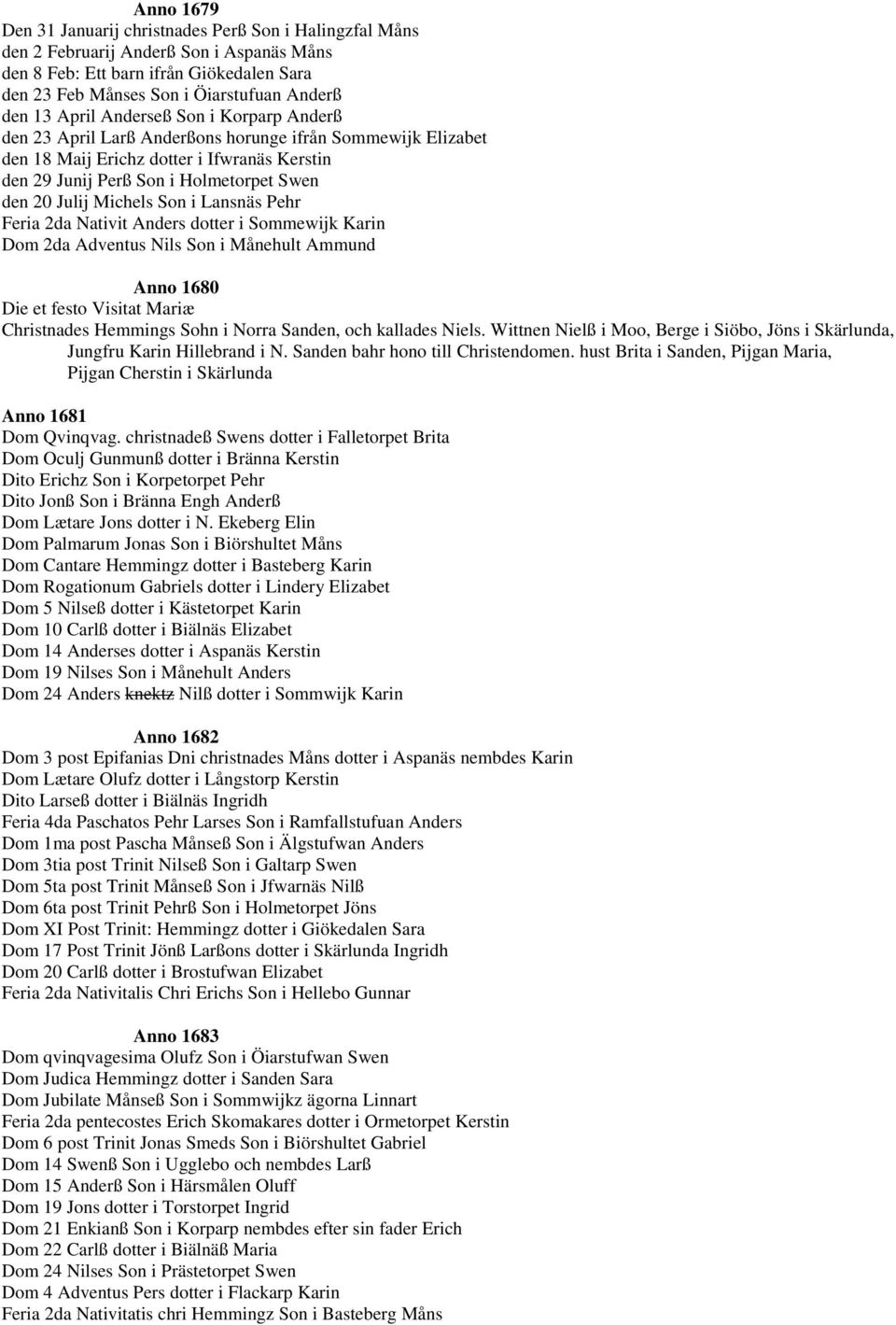 Michels Son i Lansnäs Pehr Feria 2da Nativit Anders dotter i Sommewijk Karin Dom 2da Adventus Nils Son i Månehult Ammund Anno 1680 Die et festo Visitat Mariæ Christnades Hemmings Sohn i Norra Sanden,