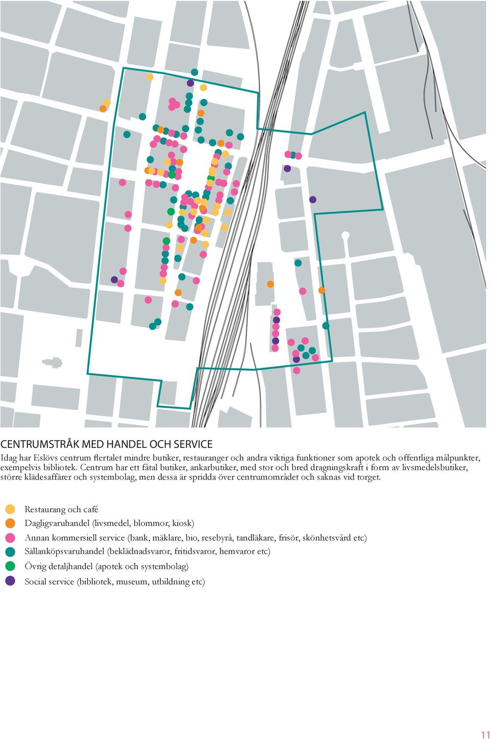 Centrum har ett fåtal butiker, ankarbutiker, med stor och bred dragningskraft i form av livsmedelsbutiker, större klädesaffärer och systembolag, men dessa är spridda över