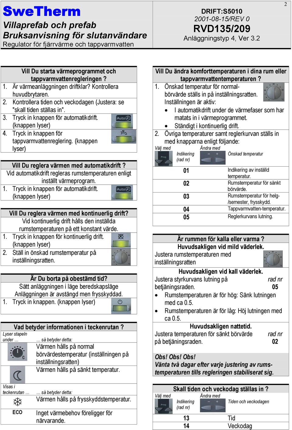 Vid automatikdrift regleras rumstemperaturen enligt inställt värmeprogram. 1. Tryck in knappen för automatikdrift. (knappen lyser) Vill Du reglera värmen med kontinuerlig drift?