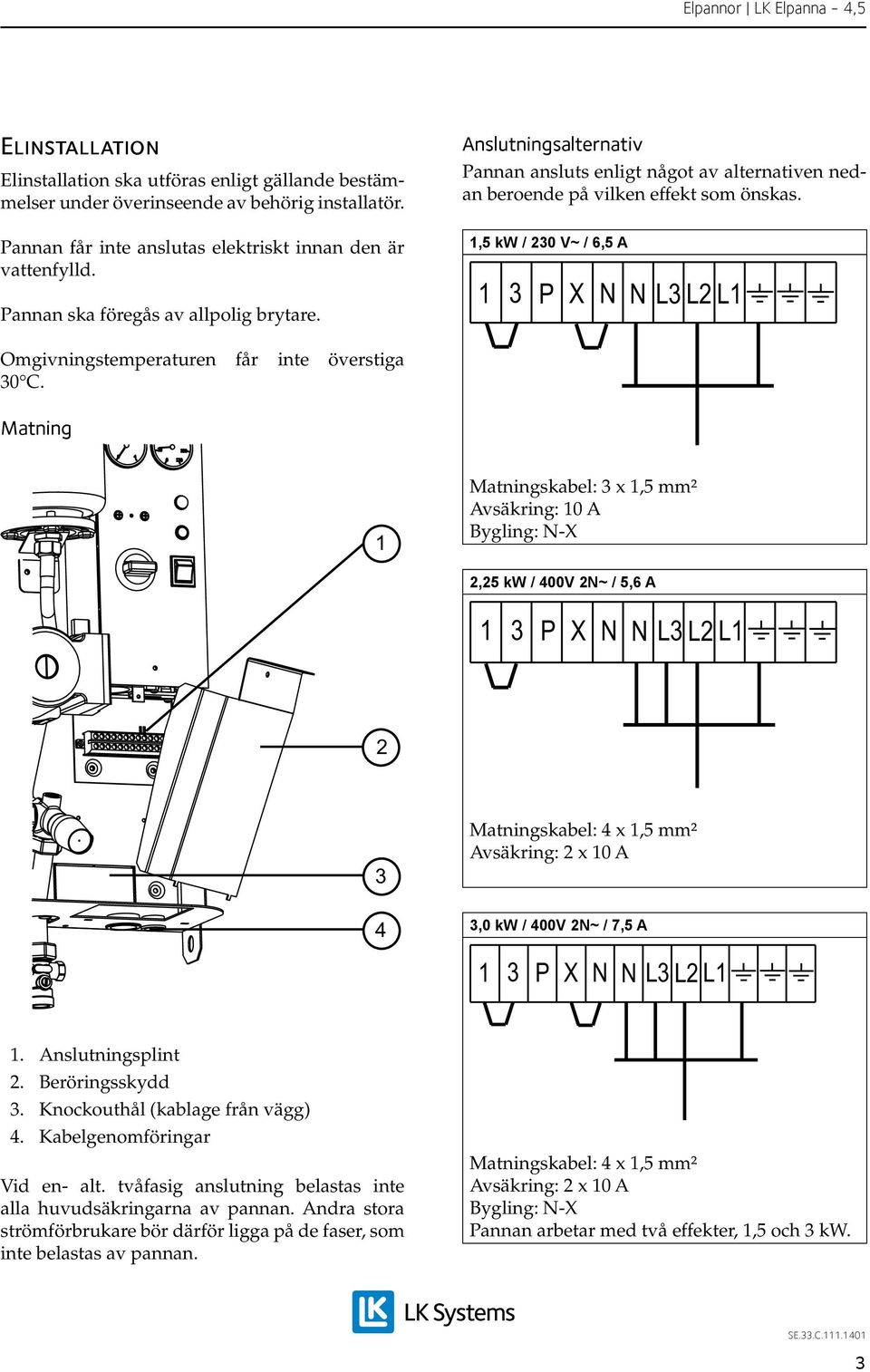 ,5 kw / 0 V~ / 6,5 A P X N N L L L Omgivningstemperaturen får inte överstiga 0 C.