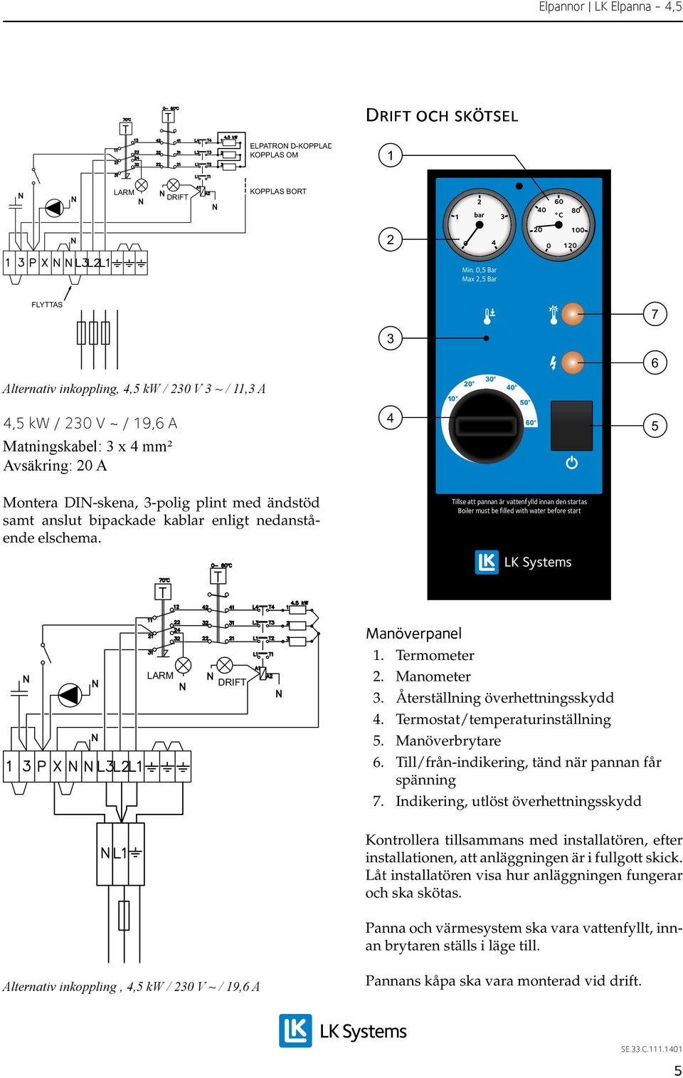 bipackade kablar enligt nedanstående elschema. Tillse att pannan är vattenfylld innan den startas Boiler must be filled with water before start LK Systems LARM DRIFT Manöverpanel. Termometer.