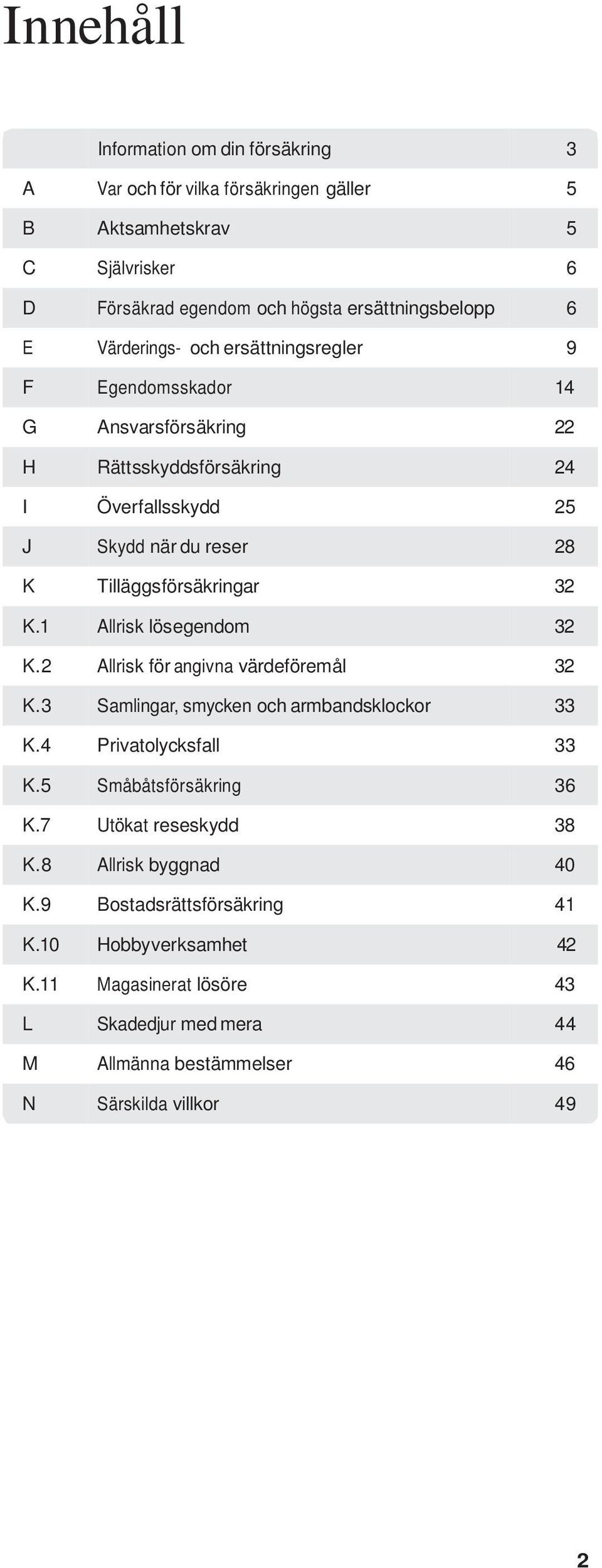 1 Allrisk lösegendom 32 K.2 Allrisk för angivna värdeföremål 32 K.3 Samlingar, smycken och armbandsklockor 33 K.4 Privatolycksfall 33 K.5 Småbåtsförsäkring 36 K.