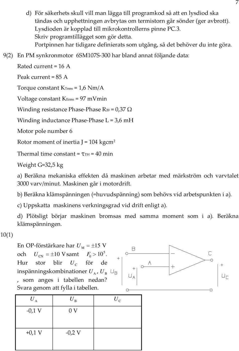 9() En PM synkronmotor 6SM07S 300 har bland annat följande data: ated current = 6 A Peak current = 85 A Torque constant KTrms =,6 m/a Voltage constant KErms = 97 mvmin Winding resistance Phase Phase