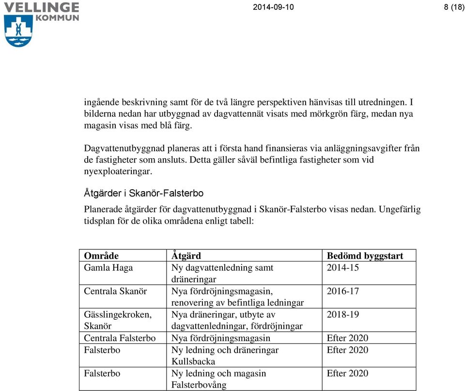 Dagvattenutbyggnad planeras att i första hand finansieras via anläggningsavgifter från de fastigheter som ansluts. Detta gäller såväl befintliga fastigheter som vid nyexploateringar.