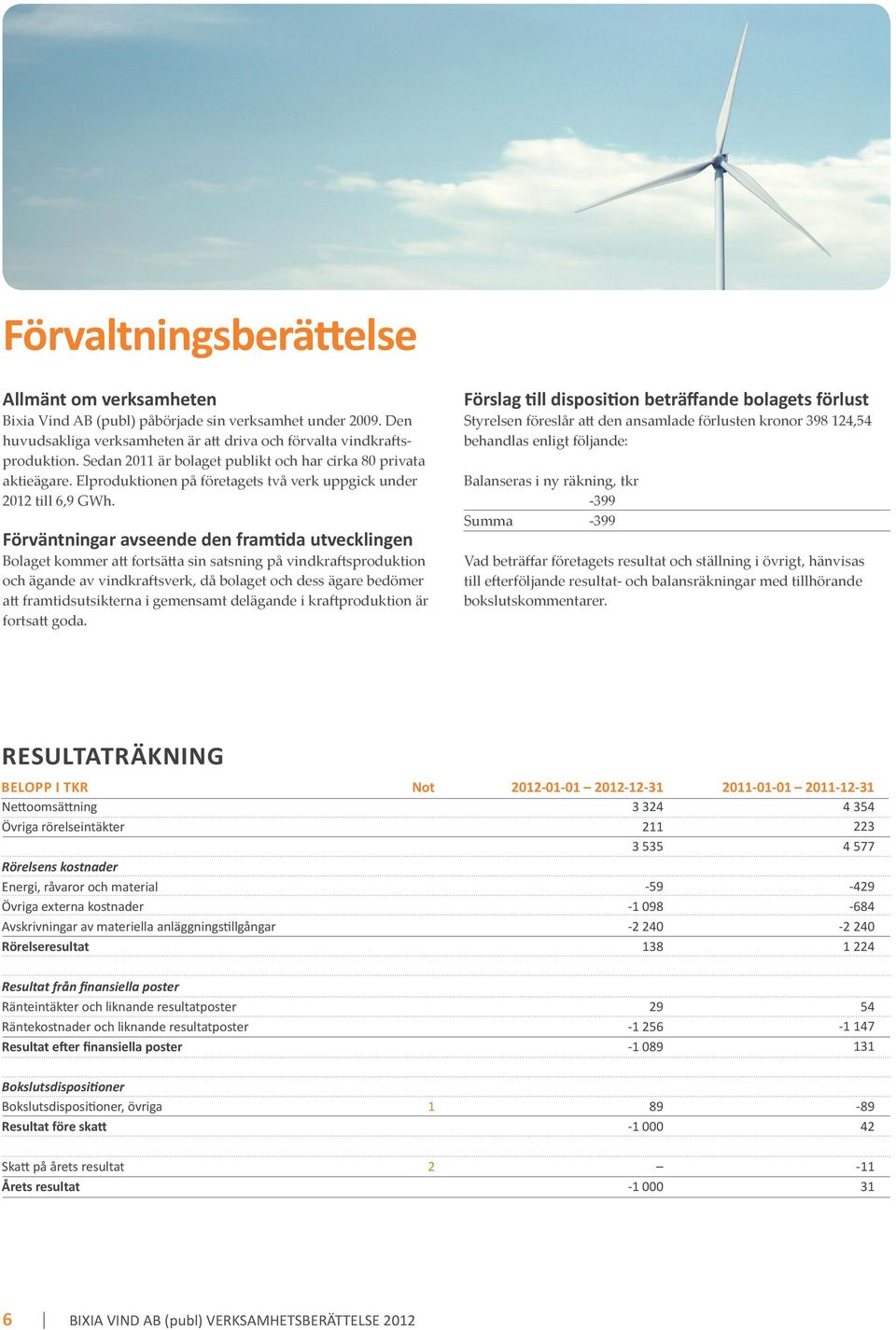 Förväntningar avseende den framtida utvecklingen Bolaget kommer att fortsätta sin satsning på vindkraftsproduktion och ägande av vindkraftsverk, då bolaget och dess ägare bedömer att