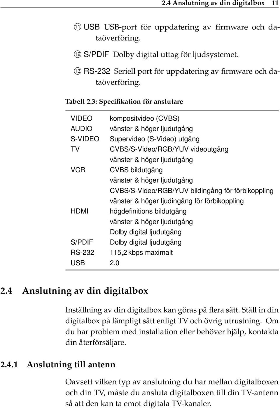 3: Specifikation för anslutare VIDEO kompositvideo (CVBS) AUDIO vänster & höger ljudutgång S-VIDEO Supervideo (S-Video) utgång TV CVBS/S-Video/RGB/YUV videoutgång vänster & höger ljudutgång VCR CVBS