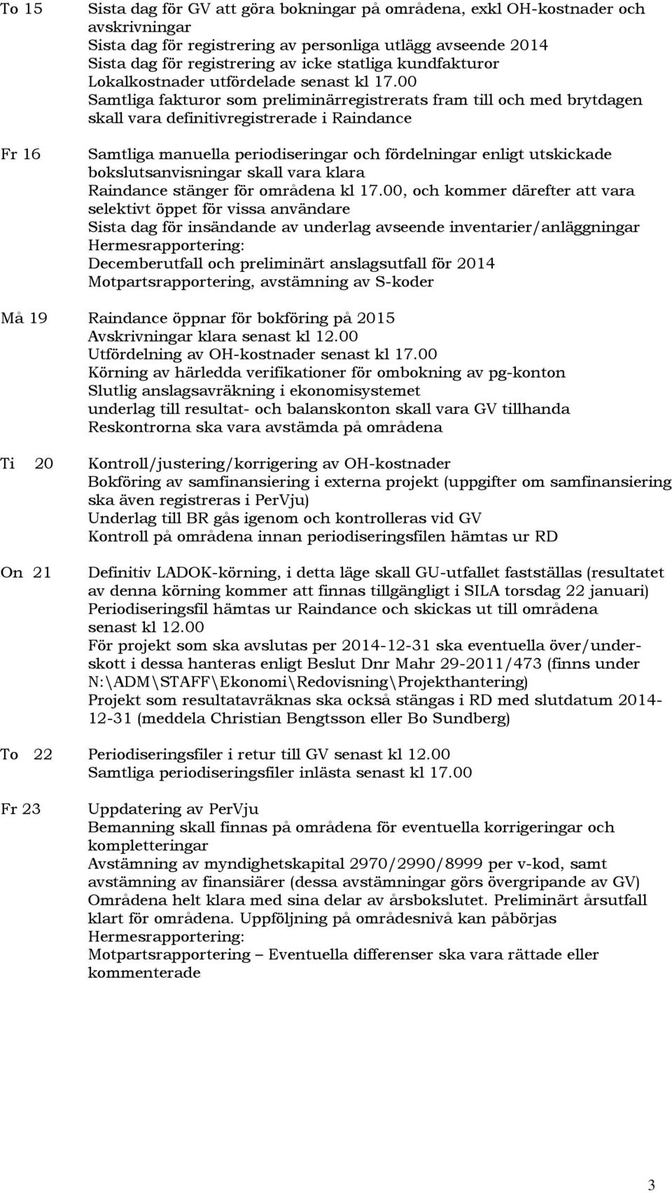 00 Samtliga fakturor som preliminärregistrerats fram till och med brytdagen skall vara definitivregistrerade i Raindance Samtliga manuella periodiseringar och fördelningar enligt utskickade