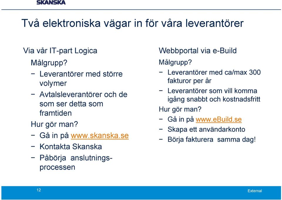 skanska.se Kontakta Skanska Påbörja anslutningsprocessen Webbportal via e-build Målgrupp?