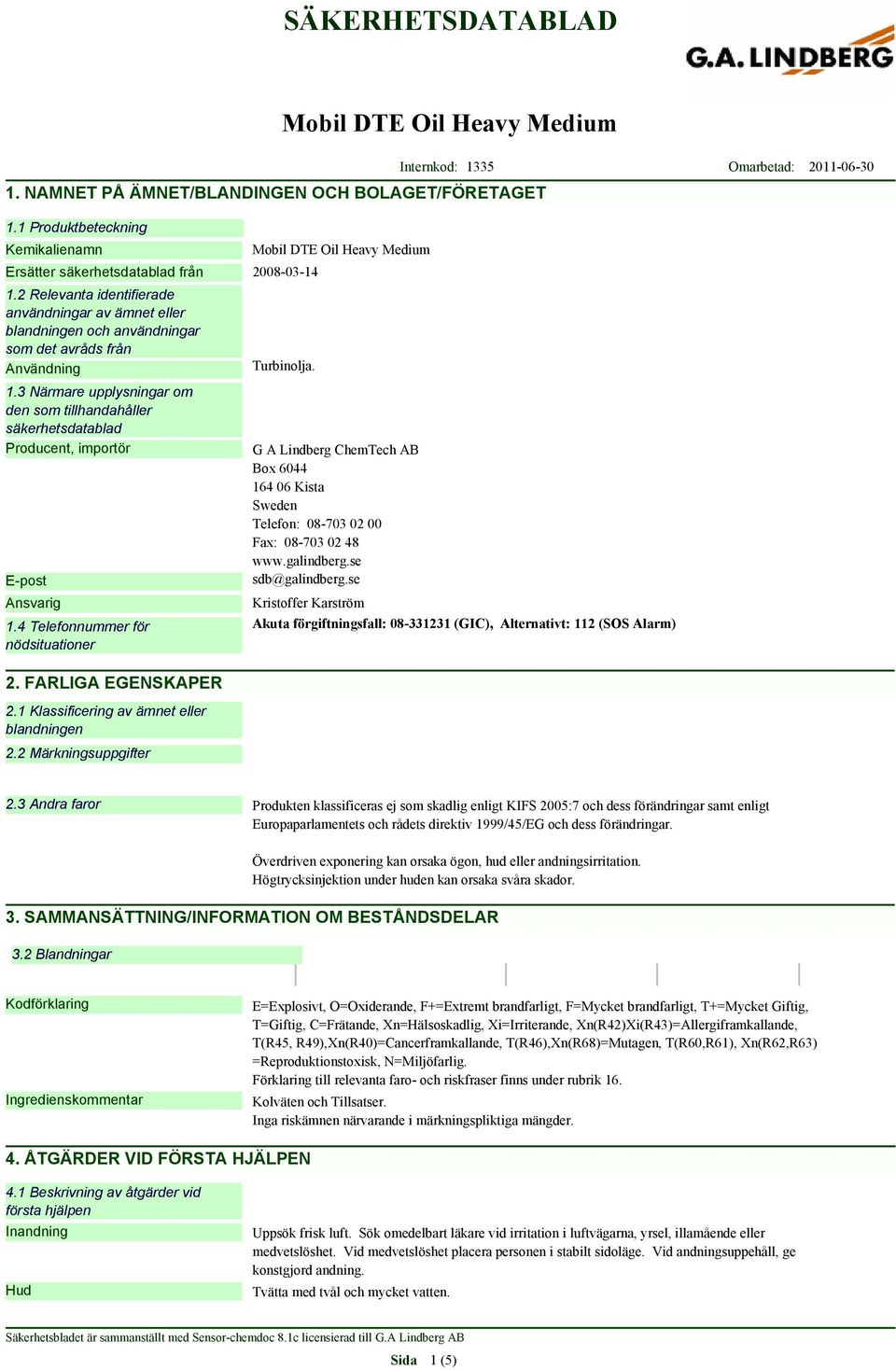 3 Närmare upplysningar om den som tillhandahåller säkerhetsdatablad Producent, importör E-post Ansvarig 1.4 Telefonnummer för nödsituationer 2. FARLIGA EGENSKAPER 2.