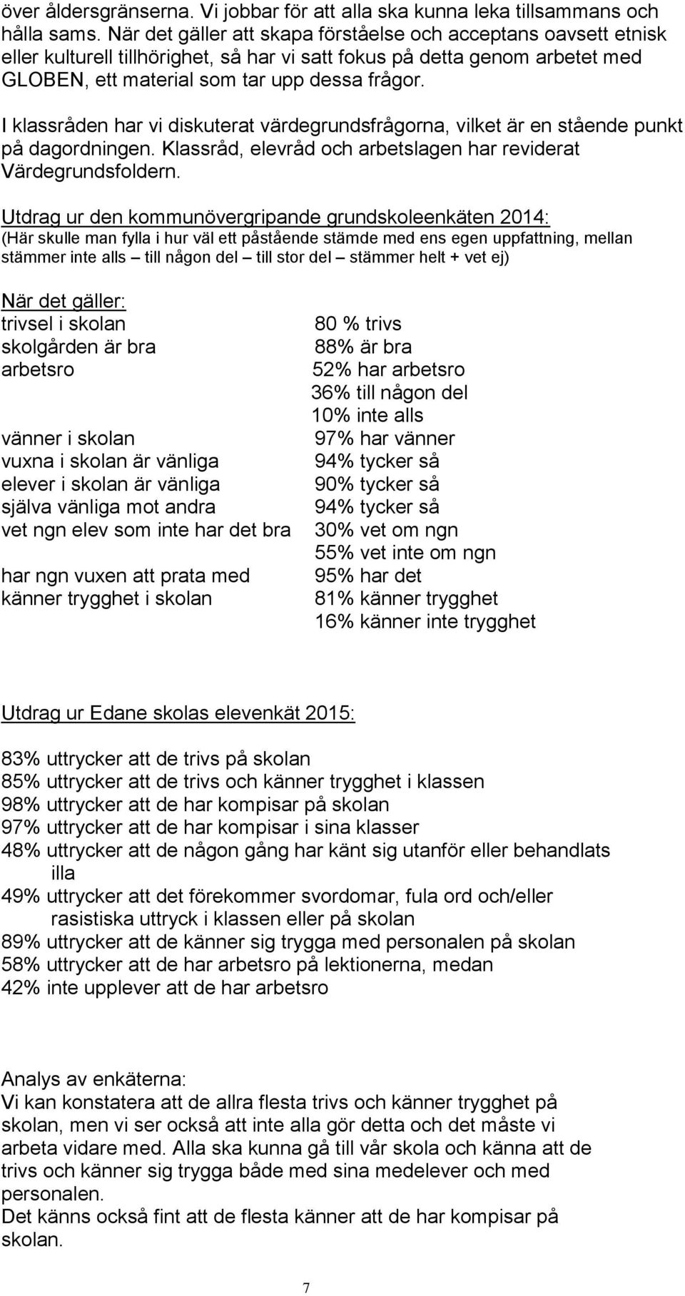I klassråden har vi diskuterat värdegrundsfrågorna, vilket är en stående punkt på dagordningen. Klassråd, elevråd och arbetslagen har reviderat Värdegrundsfoldern.