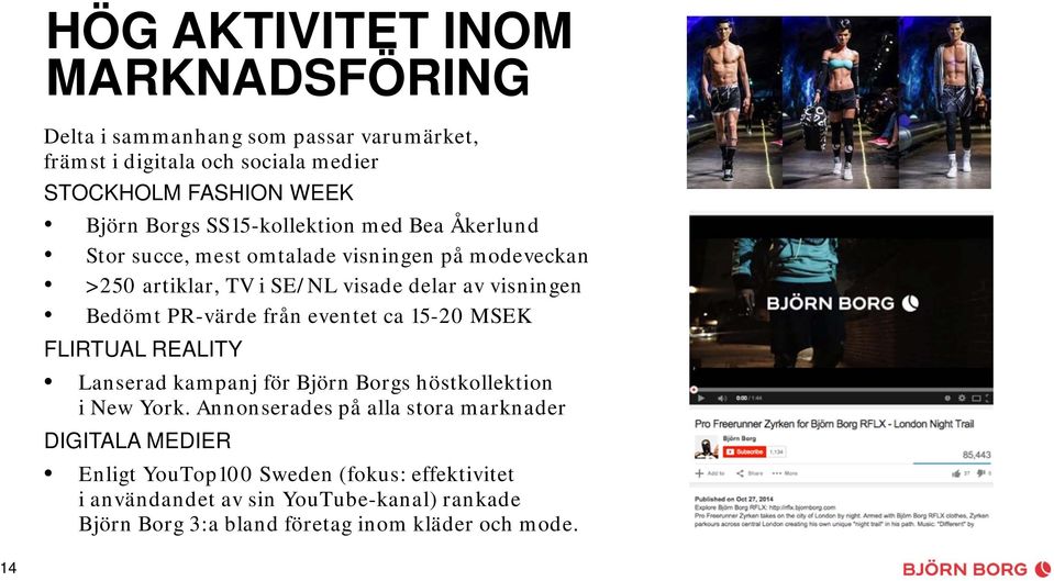 PR-värde från eventet ca 15-20 MSEK FLIRTUAL REALITY Lanserad kampanj för Björn Borgs höstkollektion i New York.