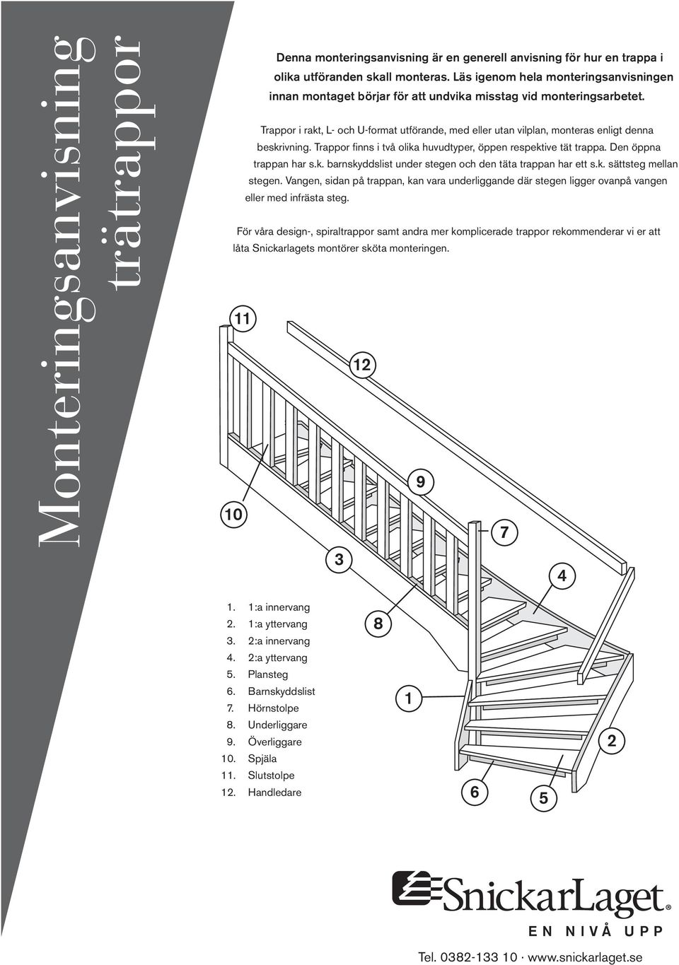 Trappor i rakt, L- och U-format utförande, med eller utan vilplan, monteras enligt denna beskrivning. Trappor finns i två olika huvudtyper, öppen respektive tät trappa. Den öppna trappan har s.k. barnskyddslist under stegen och den täta trappan har ett s.
