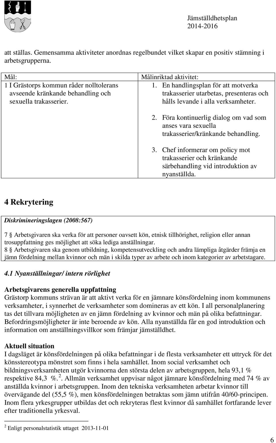En handlingsplan för att motverka trakasserier utarbetas, presenteras och hålls levande i alla verksamheter. 2.