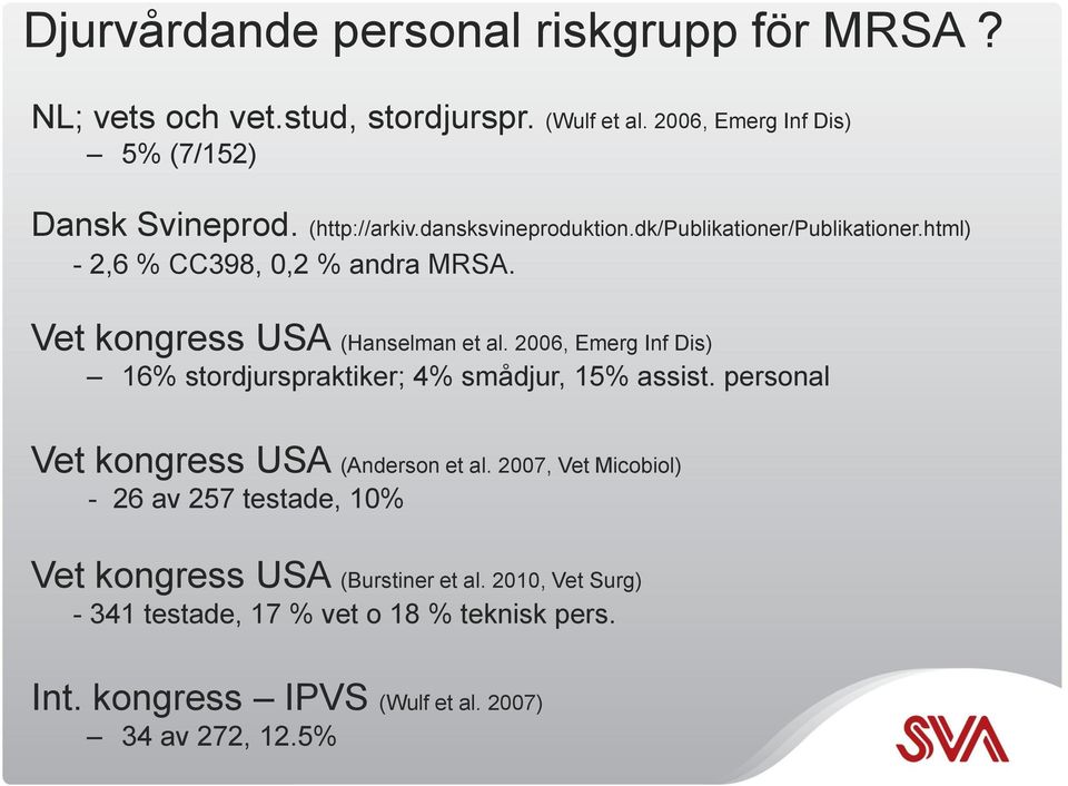 2006, Emerg Inf Dis) 16% stordjurspraktiker; 4% smådjur, 15% assist. personal Vet kongress USA (Anderson et al.