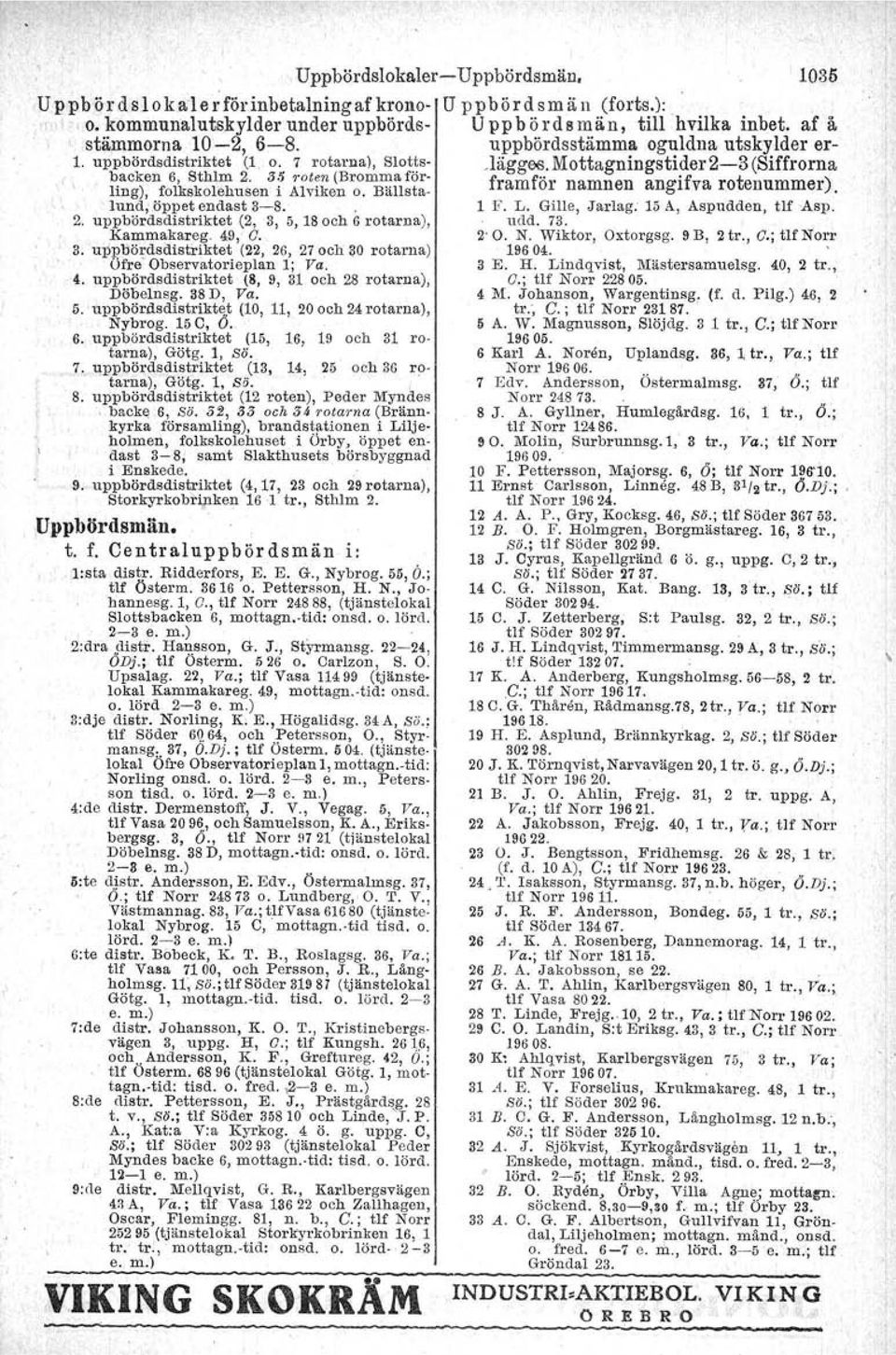 rotarna) Ofre Observatorieplan 1;' Va '4 uppbördsdistriktet (8, 9, 31 och 28 rotarna), Döbelnsg 38D, Va 5' uppbördsdistriktet (10, 11, 20och 24rotarna), '" Nybrog 15 G, 6 6" uppbördsdistrfktet (15,