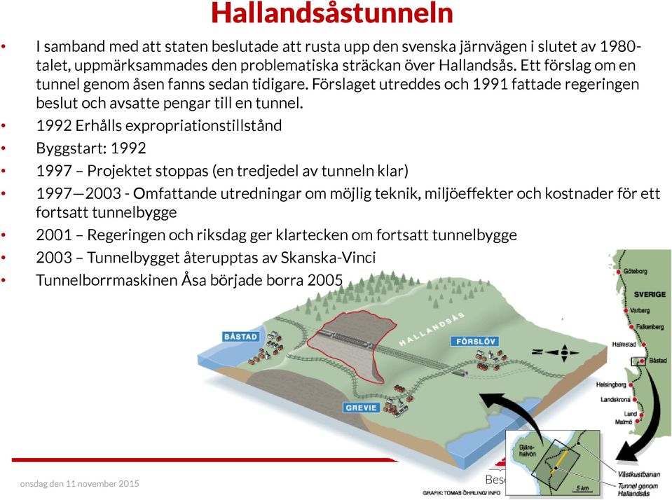 1992 Erhålls expropriationstillstånd Byggstart: 1992 1997 Projektet stoppas (en tredjedel av tunneln klar) 1997 2003 - Omfattande utredningar om möjlig teknik,