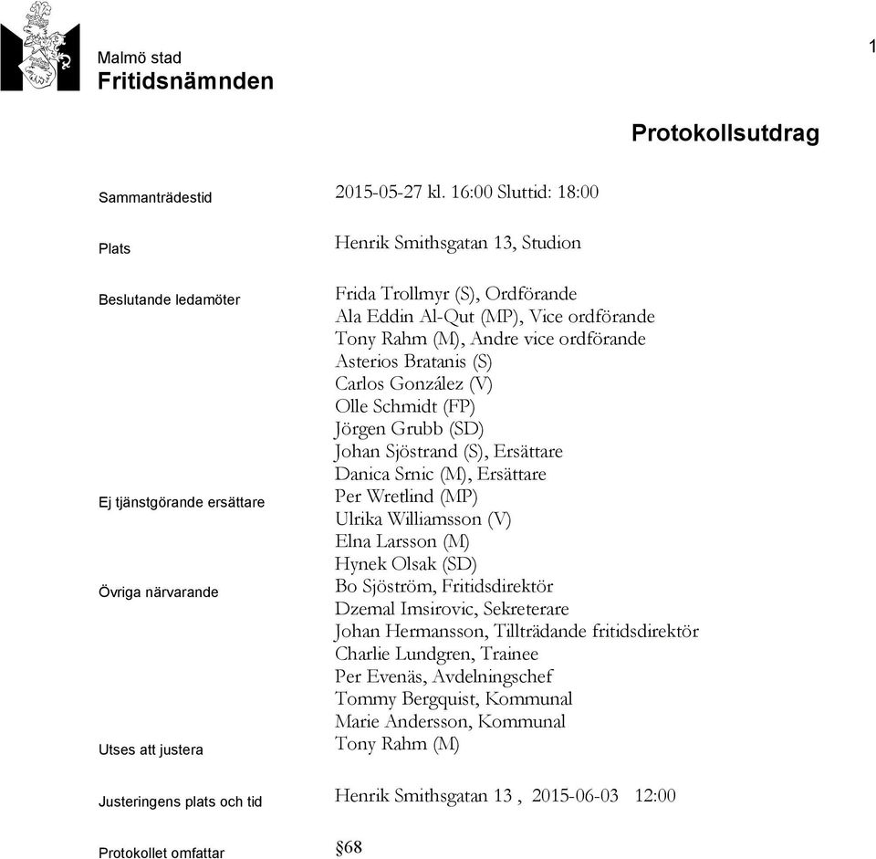 Vice ordförande Tony Rahm (M), Andre vice ordförande Asterios Bratanis (S) Carlos González (V) Olle Schmidt (FP) Jörgen Grubb (SD) Johan Sjöstrand (S), Ersättare Danica Srnic (M), Ersättare Per