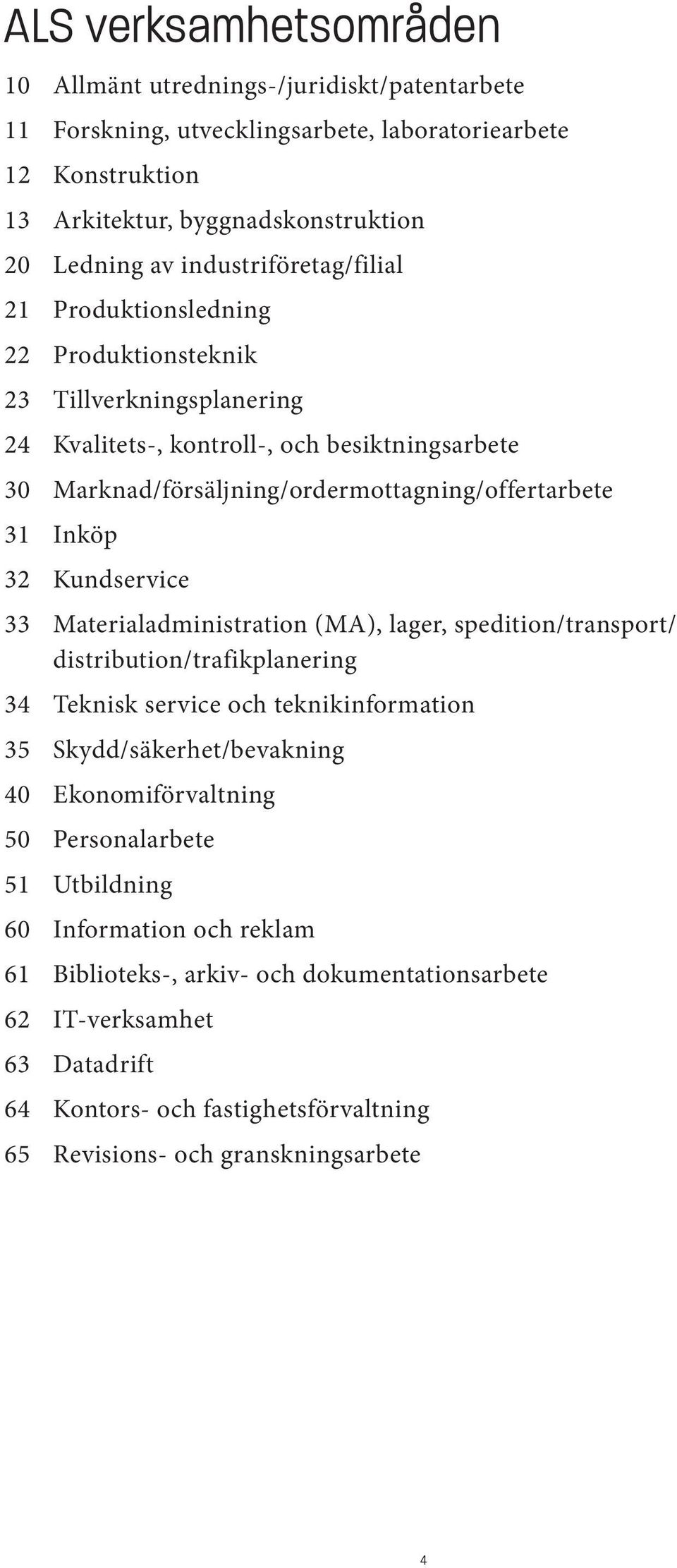 Inköp 32 Kundservice 33 Materialadministration (MA), lager, spedition/transport/ distribution/trafikplanering 34 Teknisk service och teknikinformation 35 Skydd/säkerhet/bevakning 40