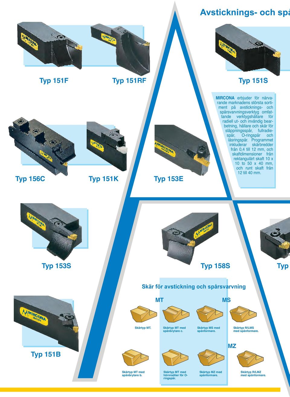 Programmet inkluderar skärbredder från 0,4 till 12 mm, och skaftdimensioner från rektangulärt skaft 10 x 10 to 50 x 40 mm, och runt skaft från 12 till 40 mm.