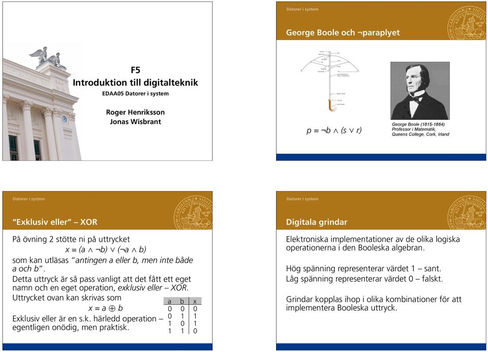 b) som kan utläsas antingen a eller b, men inte både a och b. Detta uttryck är så pass vanligt att det fått ett eget namn och en eget operation, exklusiv eller XOR.