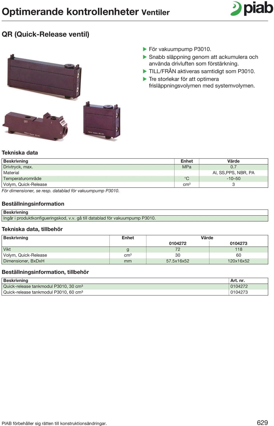 7 Al, SS,PPS, NBR, PA Temperaturområde C -10 50 Volym, Quick-Release cm 3 3 För dimensioner, se resp. datablad för vakuumpump P3010. Ingår i produktkonfigueringskod, v.v. gå till datablad för vakuumpump P3010.