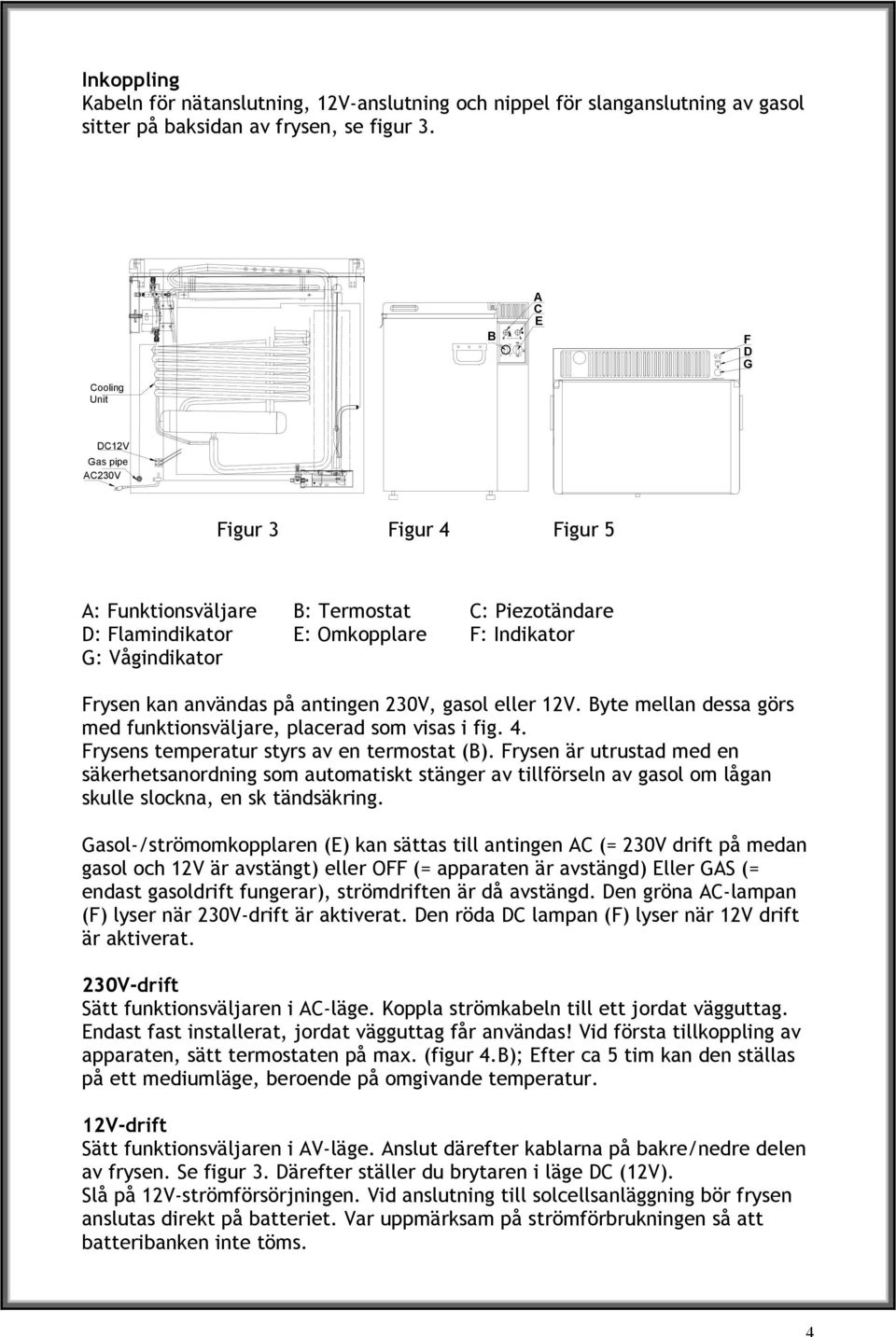 B A C E F D G Cooling Unit DC12V Gas pipe AC230V Figur 3 Figur 4 Figur 5 A: Funktionsväljare B: Termostat C: Piezotändare D: Flamindikator E: Omkopplare F: Indikator G: Vågindikator Frysen kan