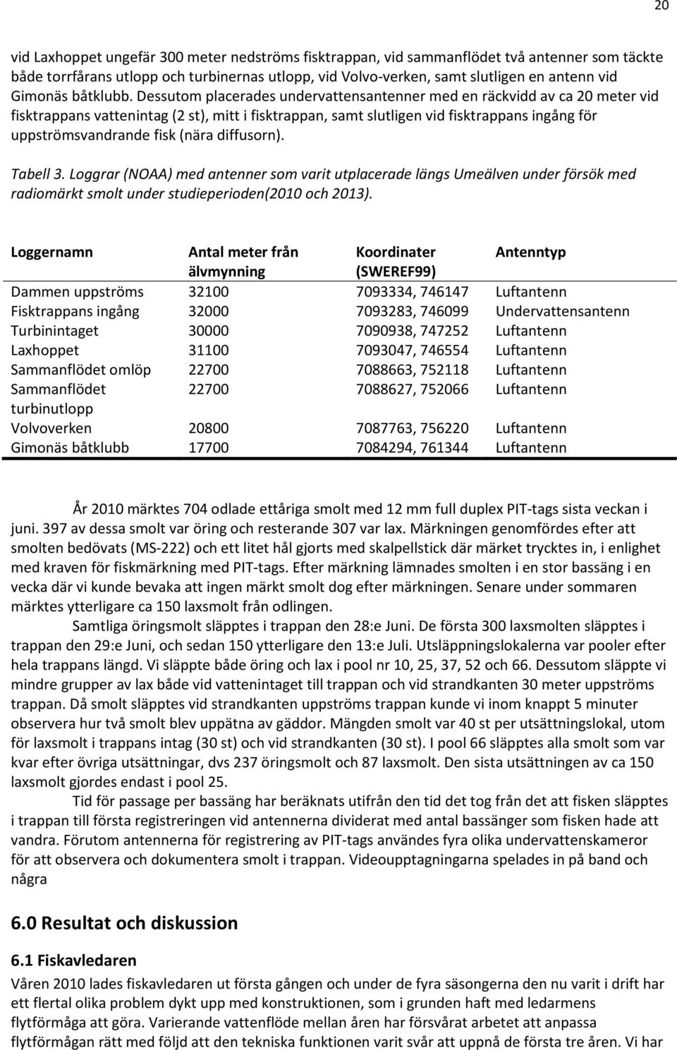 Dessutom placerades undervattensantenner med en räckvidd av ca 20 meter vid fisktrappans vattenintag (2 st), mitt i fisktrappan, samt slutligen vid fisktrappans ingång för uppströmsvandrande fisk
