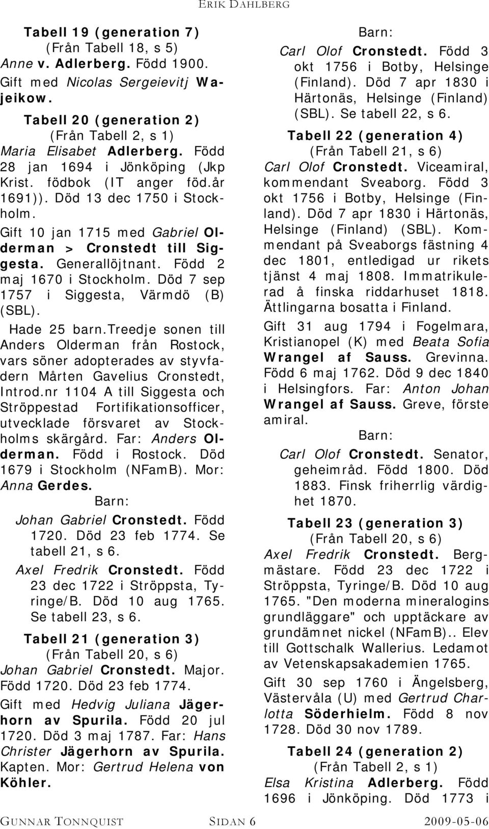 Född 2 maj 1670 i Stockholm. Död 7 sep 1757 i Siggesta, Värmdö (B) (SBL). Hade 25 barn.