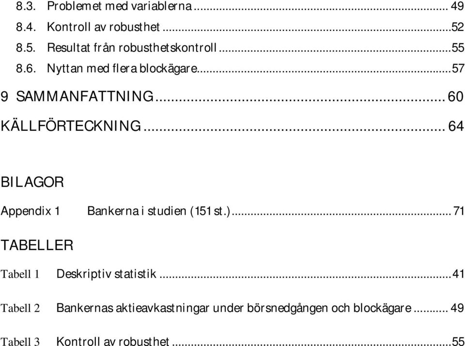 .. 64 BILAGOR Appendix 1 Bankerna i studien (151 st.)... 71 TABELLER Tabell 1 Deskriptiv statistik.