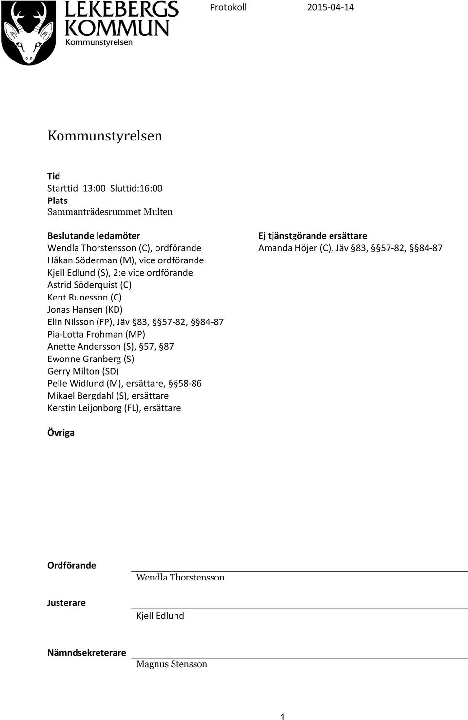 (MP) Anette Andersson (S), 57, 87 Ewonne Granberg (S) Gerry Milton (SD) Pelle Widlund (M), ersättare, 58-86 Mikael Bergdahl (S), ersättare Kerstin Leijonborg (FL),