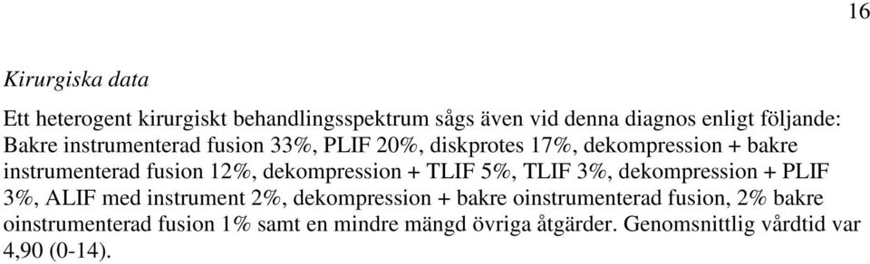 dekompression + TLIF 5%, TLIF 3%, dekompression + PLIF 3%, ALIF med instrument 2%, dekompression + bakre