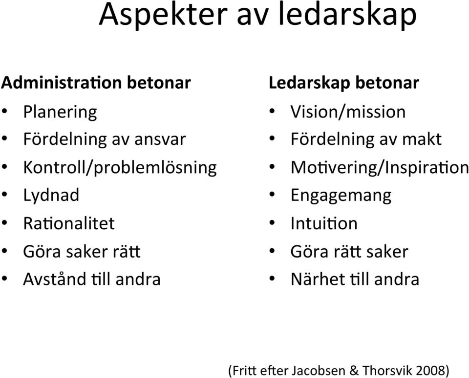 Ledarskap betonar Vision/mission Fördelning av makt MoHvering/InspiraHon