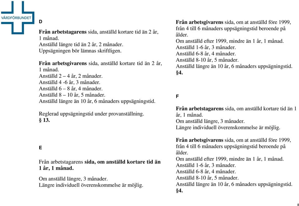 Anställd längre än 10 år, 6 månaders uppsägningstid. Reglerad uppsägningstid under provanställning. 13. E rån arbetstagarens sida, om anställd kortare tid än 1 år, 1 månad.