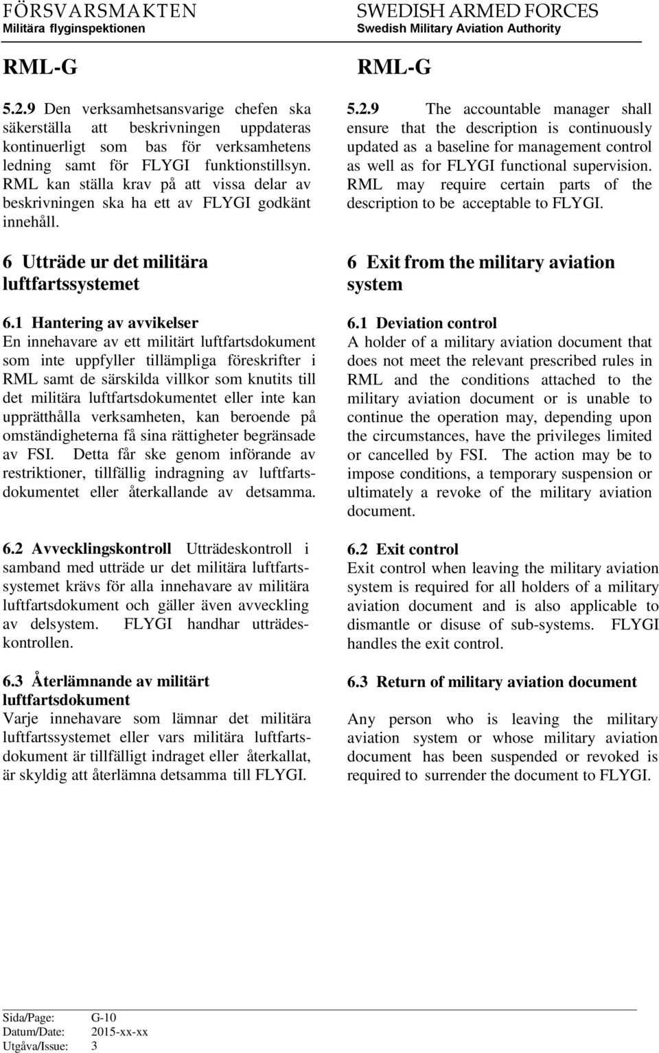 1 Hantering av avvikelser En innehavare av ett militärt luftfartsdokument som inte uppfyller tillämpliga föreskrifter i RML samt de särskilda villkor som knutits till det militära luftfartsdokumentet