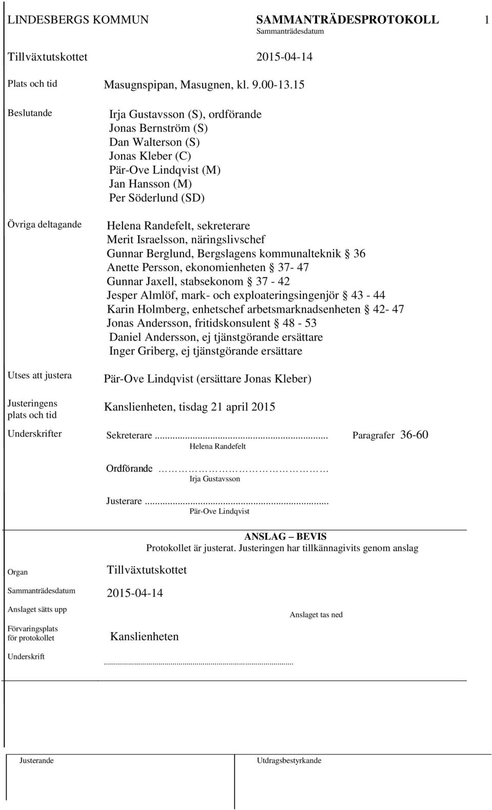 Randefelt, sekreterare Merit Israelsson, näringslivschef Gunnar Berglund, Bergslagens kommunalteknik 36 Anette Persson, ekonomienheten 37-47 Gunnar Jaxell, stabsekonom 37-42 Jesper Almlöf, mark- och