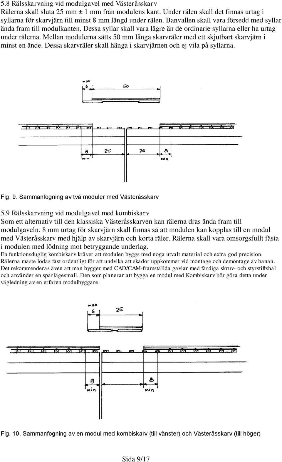 Mellan modulerna sätts 50 mm långa skarvräler med ett skjutbart skarvjärn i minst en ände. Dessa skarvräler skall hänga i skarvjärnen och ej vila på syllarna. Fig. 9.