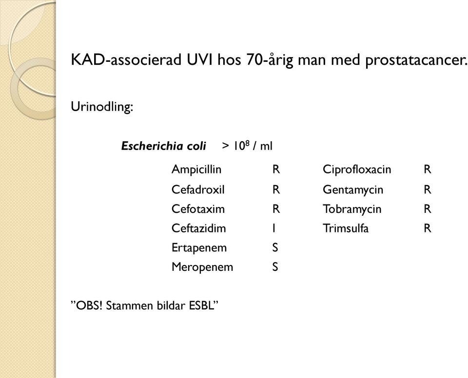 Ciprofloxacin R Cefadroxil R Gentamycin R Cefotaxim R