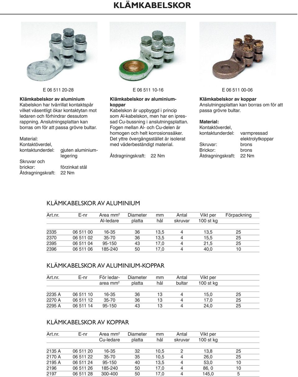 Kontaktöverdel, kontaktunderdel: Skruvar och brickor: gjuten aluminiumlegering förzinkat stål Klämkabelskor av aluminiumkoppar Kabelskon är uppbyggd i princip som Al-kabelskon, men har en ipressad