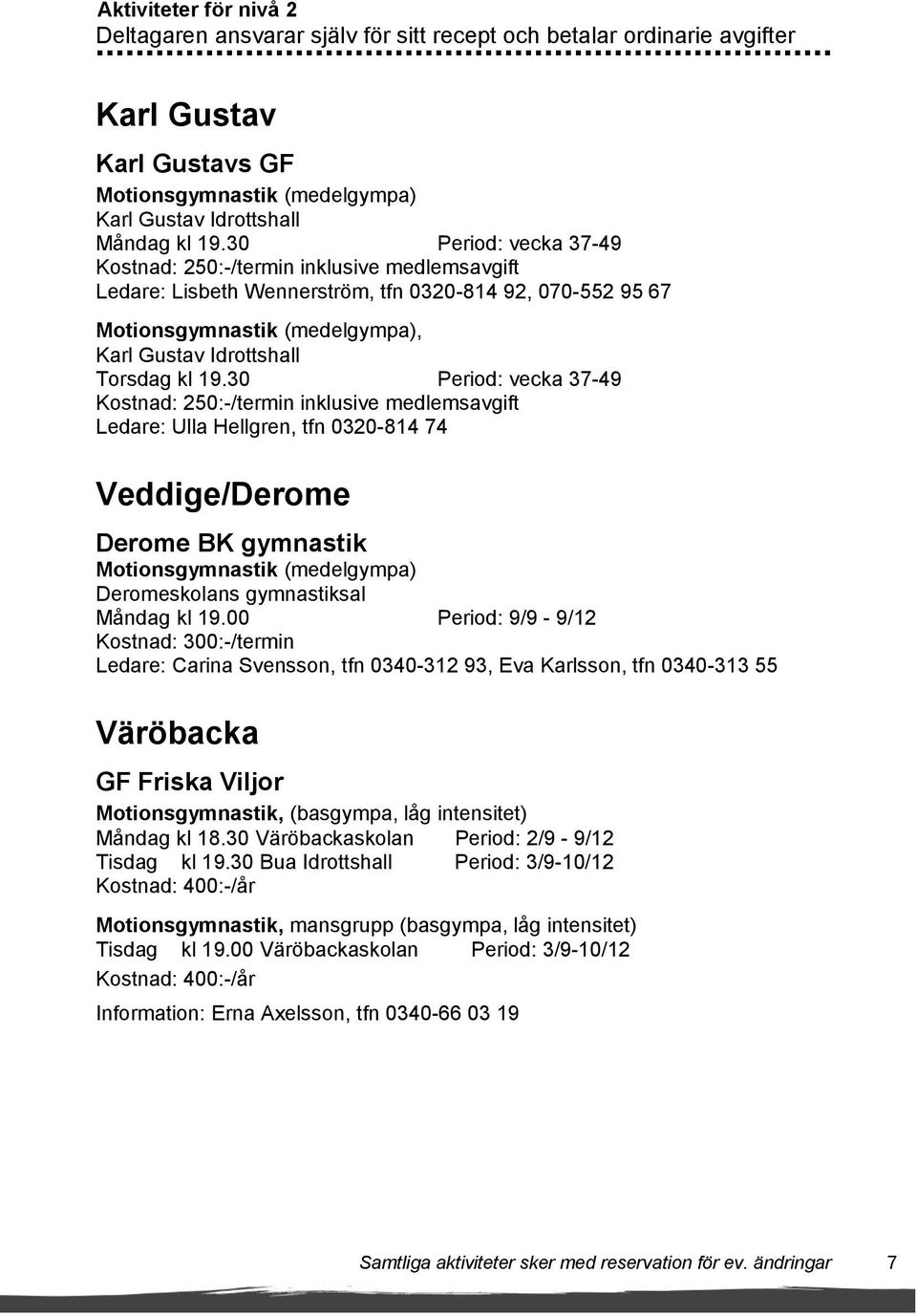 30 Period: vecka 37-49 Kostnad: 250:-/termin inklusive medlemsavgift Ledare: Ulla Hellgren, tfn 0320-814 74 Veddige/Derome Derome BK gymnastik Motionsgymnastik (medelgympa) Deromeskolans gymnastiksal