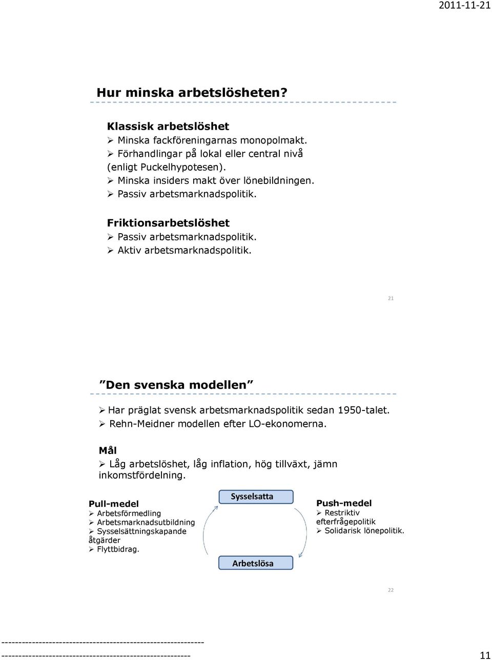 21 Den svenska modellen Har präglat svensk arbetsmarknadspolitik sedan 1950-talet. Rehn-Meidner modellen efter LO-ekonomerna.