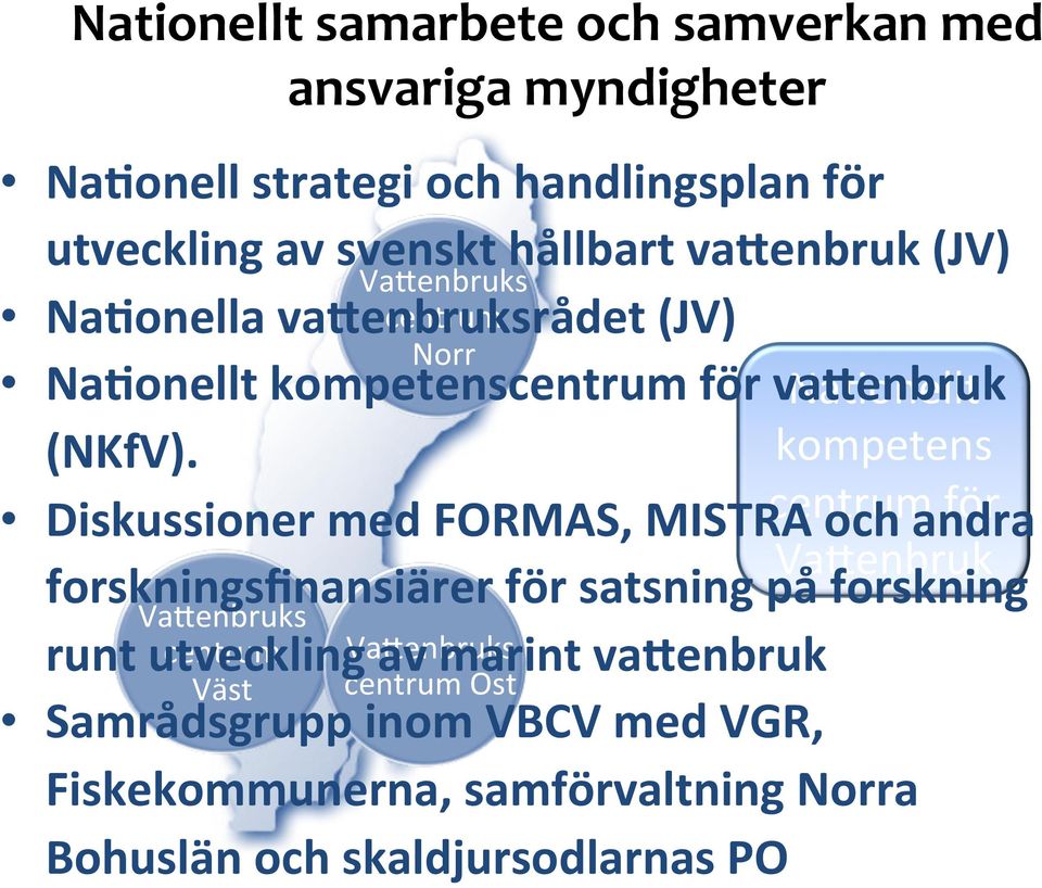 kompetens Diskussioner med FORMAS, MISTRA centrum och andra för Va1enbruk forskningsfinansiärer för satsning på forskning Va1enbruks runt