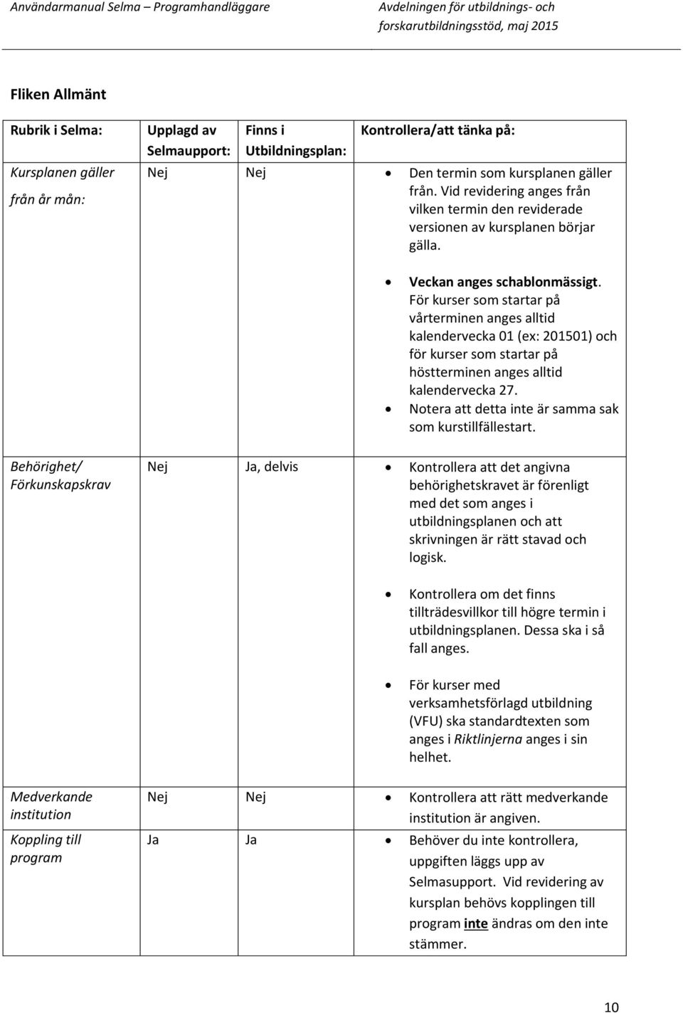 För kurser som startar på vårterminen anges alltid kalendervecka 01 (ex: 201501) och för kurser som startar på höstterminen anges alltid kalendervecka 27.